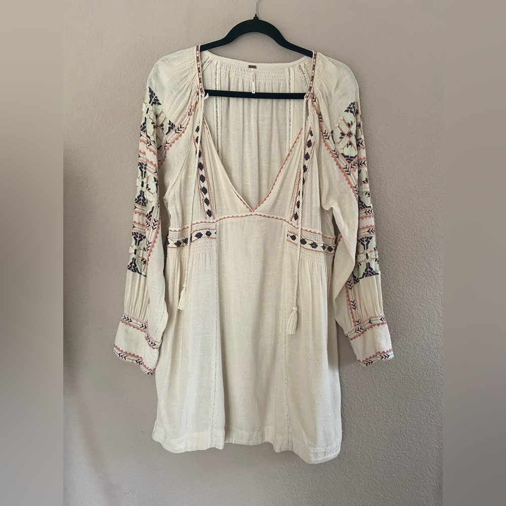 Free People All My Life Mini Dress Womens Small Boho Hippie High Low Tie Beige